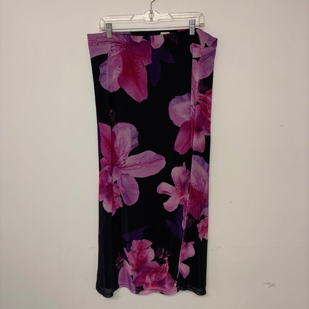 379 Floral Mesh Maxi Skirt Large Black Pink Purple Y2K Boho